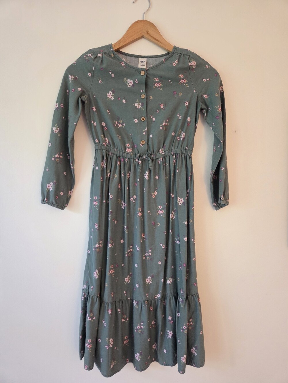 Girls Olive Long Sleeved Cotton Floral Print Dress Osh Kosh B'Gosh